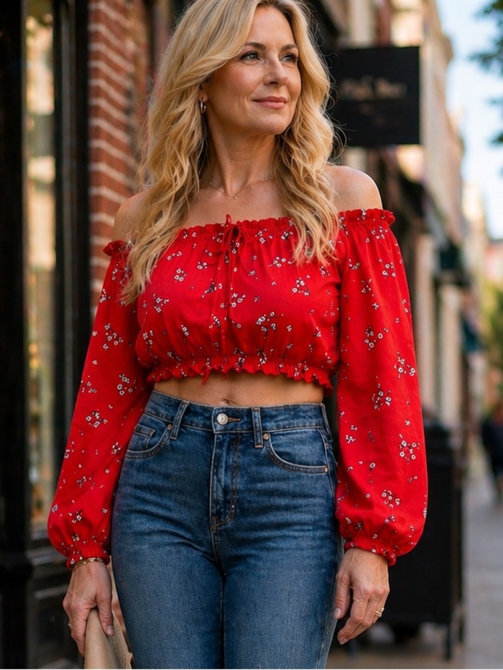 Divided Red Floral Long Sleeves Off Shoulders CropTop Elastic Hem Casual Y2K M